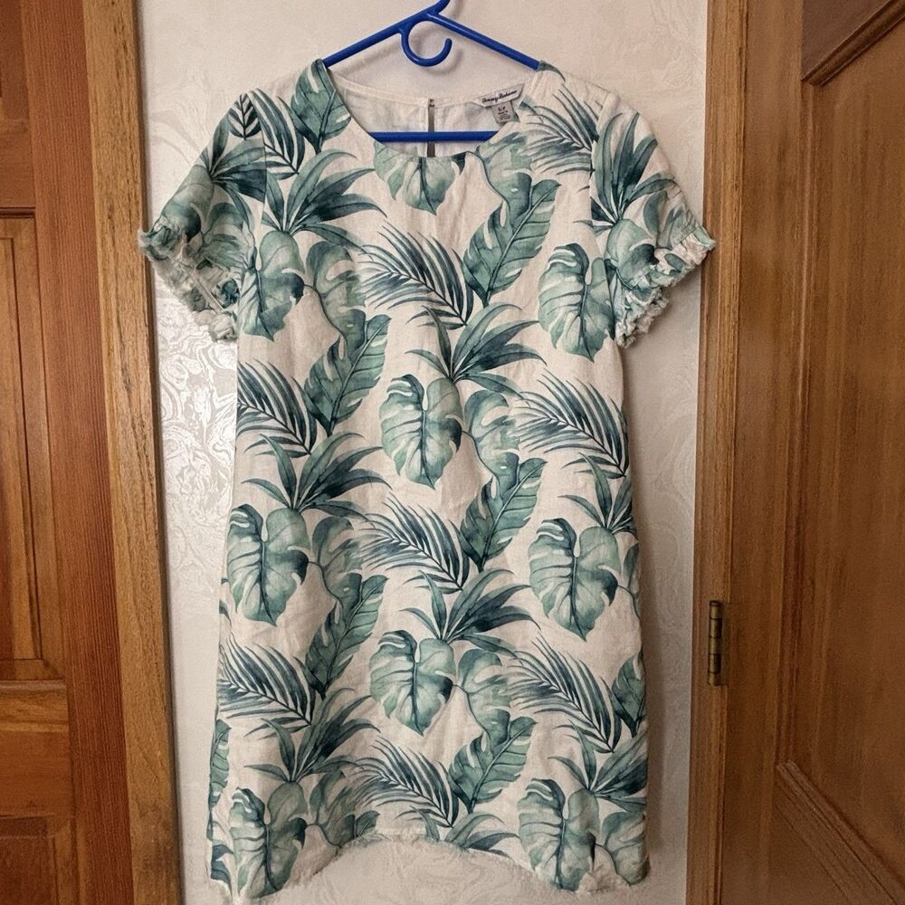 Tommy Bahama Island Breeze Ruffle Linen Short Sleeve Dress Palm Print Small EUC